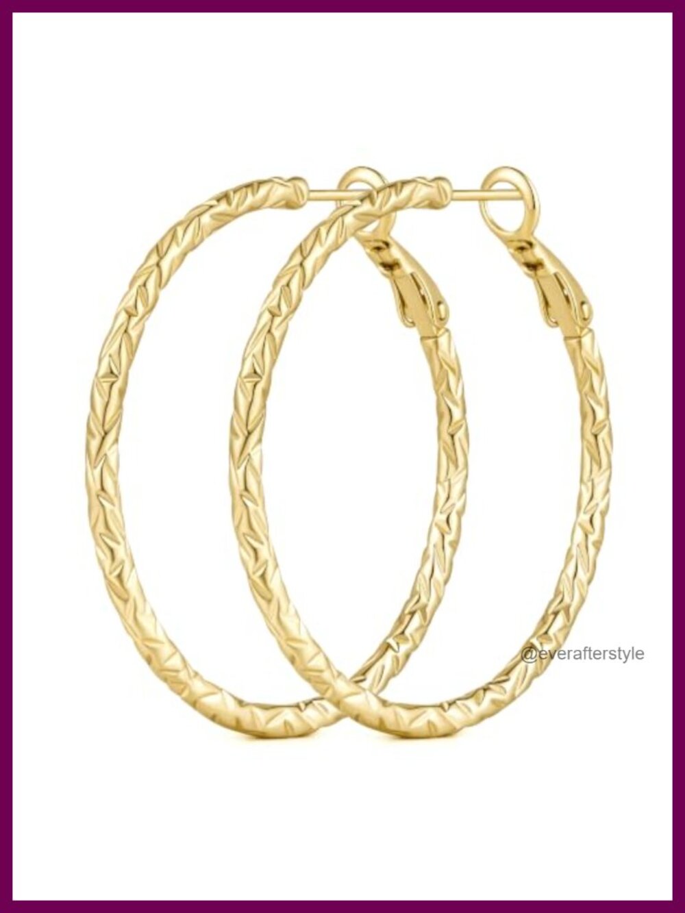 14K Gold Plated Hoop Earrings Etched Texture 40mm Women's